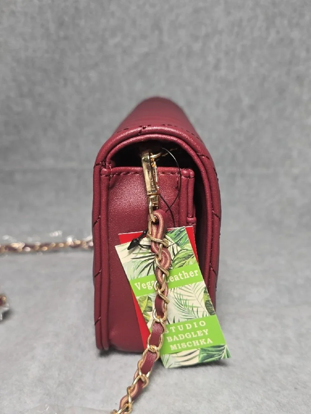 Quilted Wine Red Crossbody Bag with Gold Chain Detail